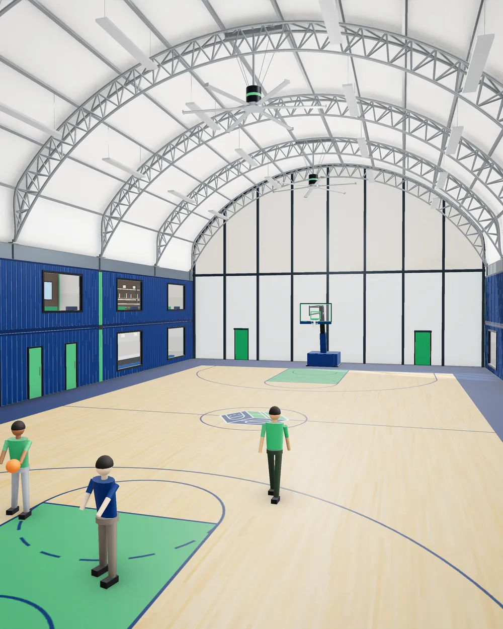 FULL-120 X tier interior with a regulation basketball court and skybox lounges